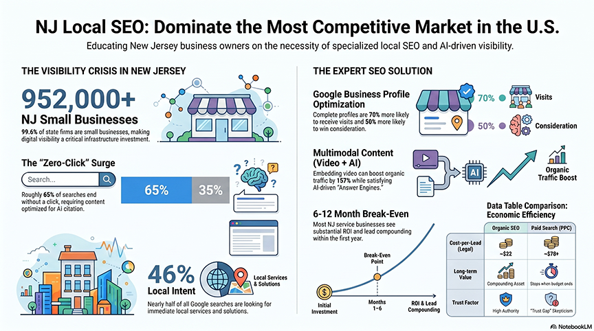 Infographic about NJ Local SEO benefits for small businesses, with stats on visibility and local intent (image used for a blog post).