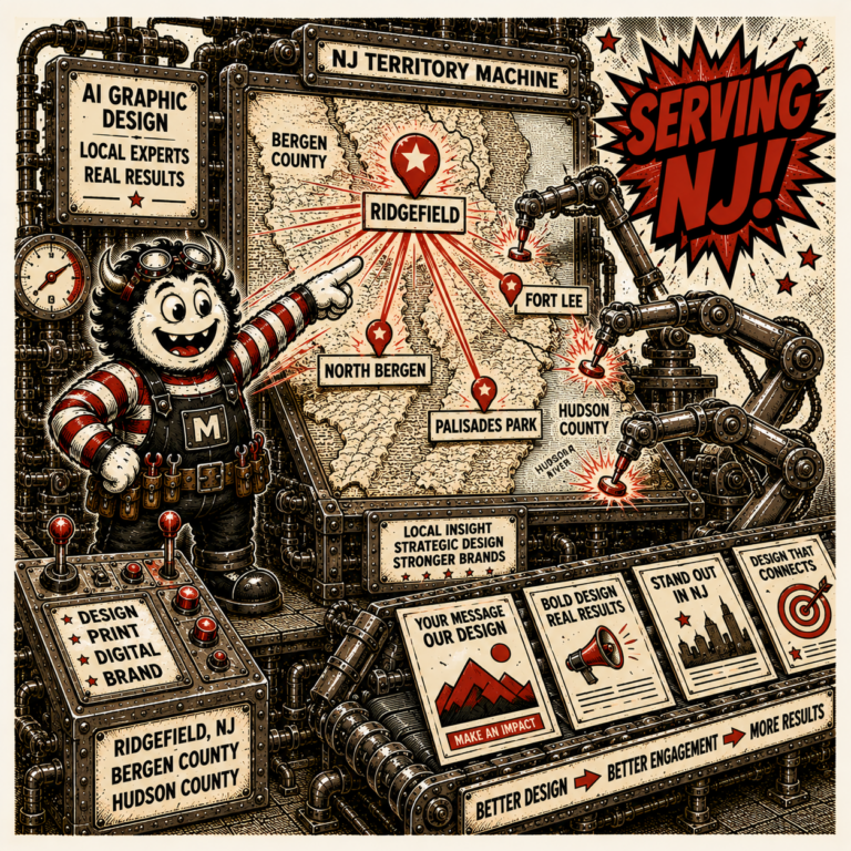 Steampunk cartoon of a friendly monster pointing at a map of New Jersey with labeled towns, robotic arms, and a bold “Serving NJ!” burst—advertising local design services.