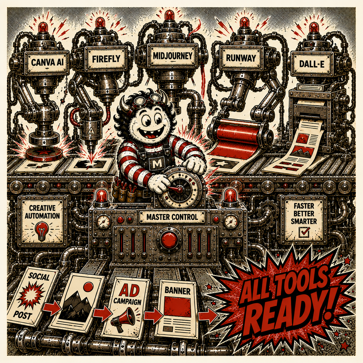 Cartoon robot factory controlling marketing tools; signs read Master Control, Creative Automation, Social Post, Ad Campaign, Banner, and All Tools Ready!