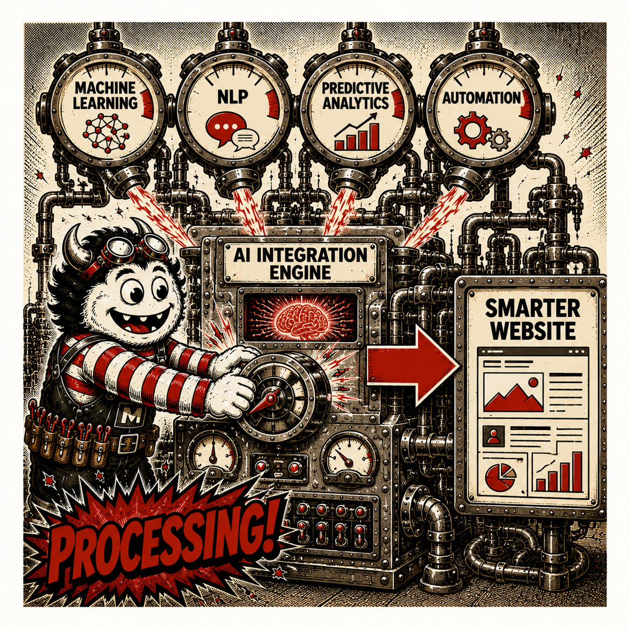 Cartoon monster operating a steampunk control panel labeled 'AI Integration Engine' that feeds into a 'Smarter Website' display; shows ML, NLP, predictive analytics, automation themes; bold 'PROCESSING!' text.