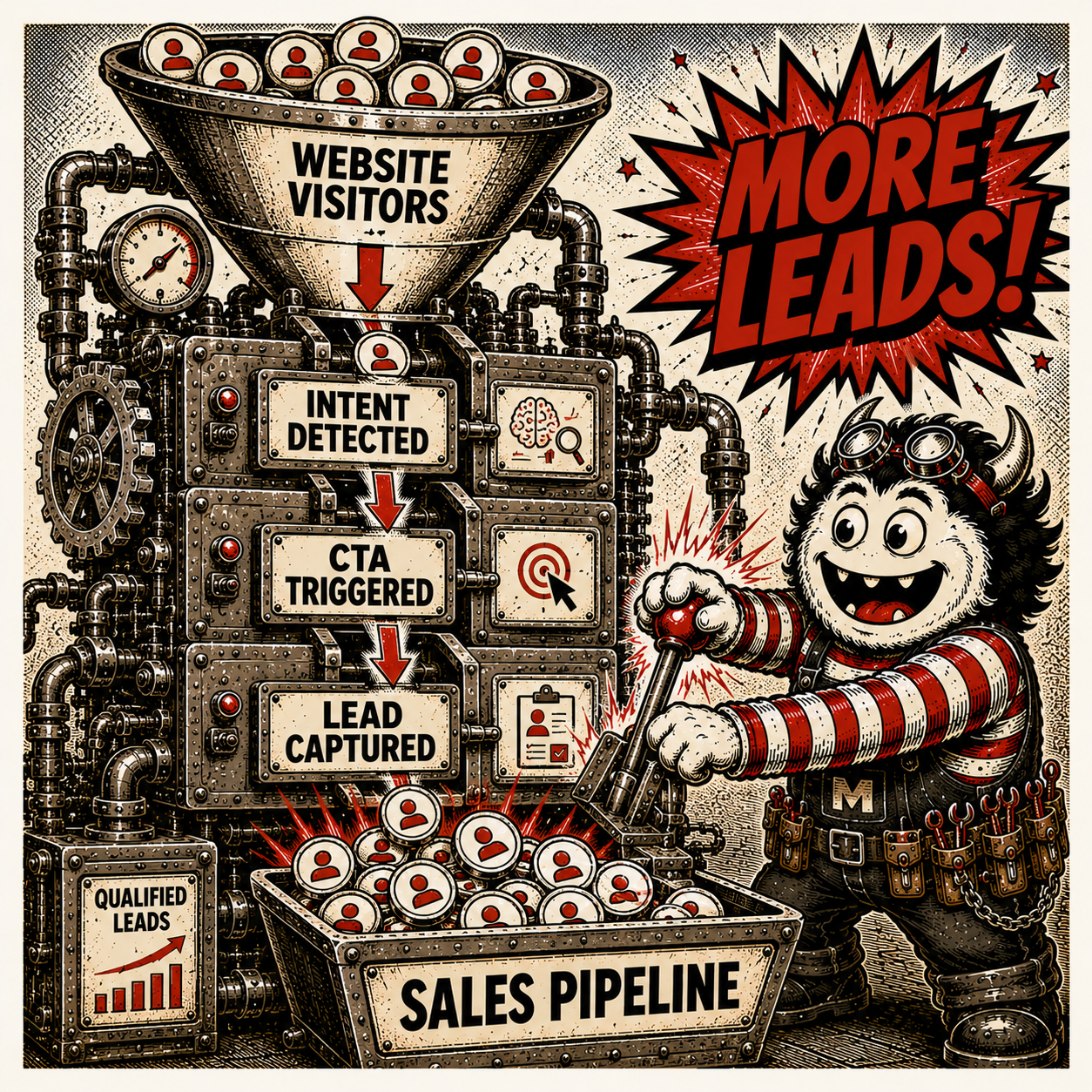 Cartoon-style sales machine processing website visitors into leads, with a bold 'More Leads!' burst in the background?