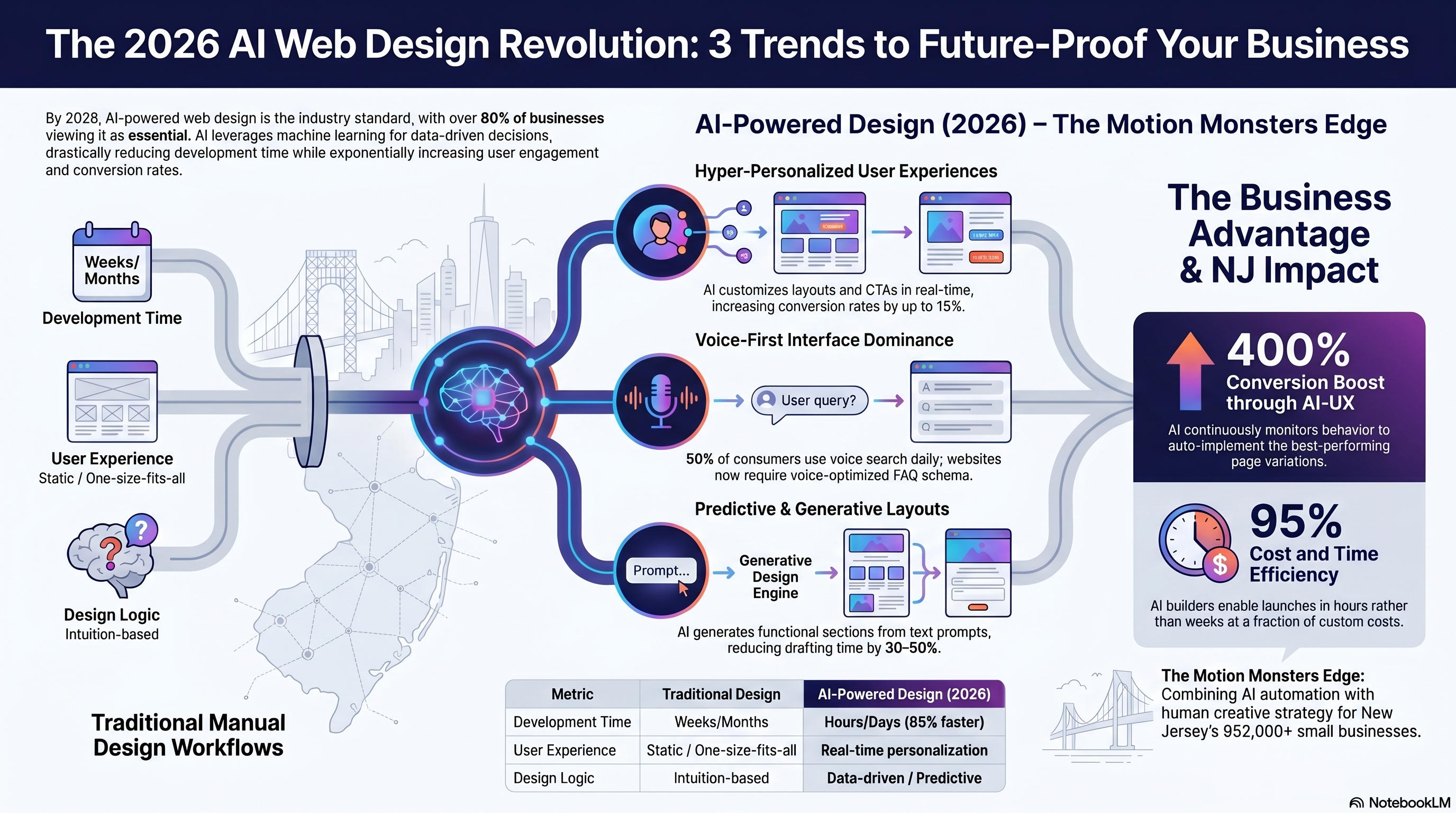 Infographic showing AI-powered design trends and their business impact, with a right-side conversion boost panel.