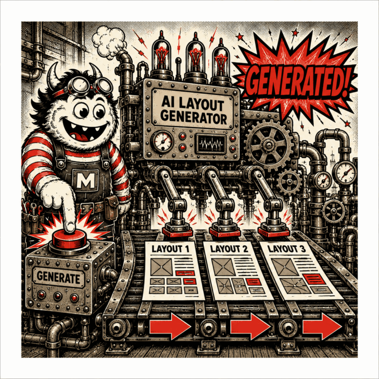 Whimsical monster operates a steampunk AI layout generator that spits out three layouts labeled Layout 1–3 on a conveyor belt, with a big Generated! burst on top.