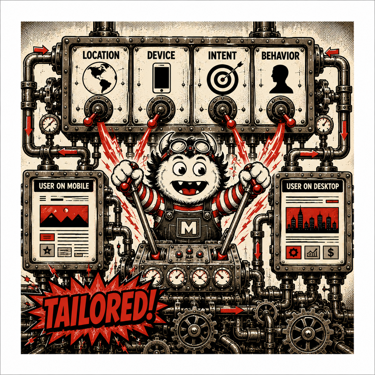 Whimsical steampunk machine with four labeled panels—Location, Device, Intent, Behavior—surrounding a cheerful mascot, and a bold 'TAILORED!' burst at the bottom.