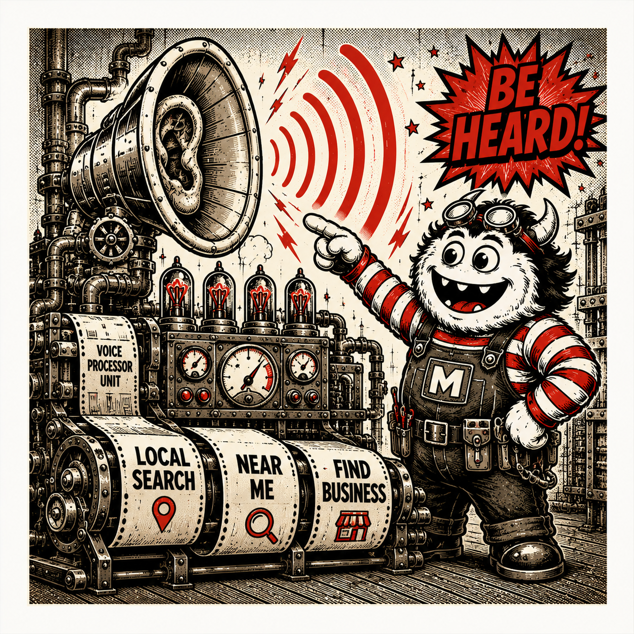 Cartoon monster in factory gear points at a noisy speaker with be heard! text; machinery labeled Local Search, Near Me, Find Business conveys a local marketing message for businesses.