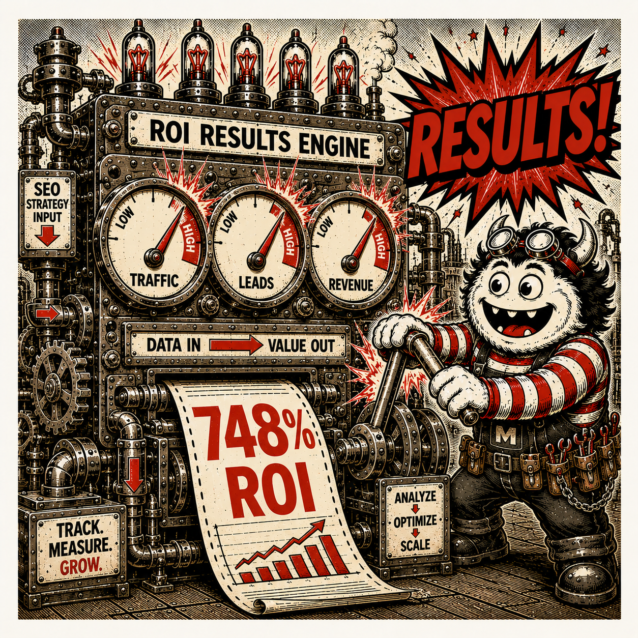 Steampunk machine labeled 'ROI RESULTS ENGINE' with gauges for traffic, leads, and revenue, and a paper roll showing 74% ROI.