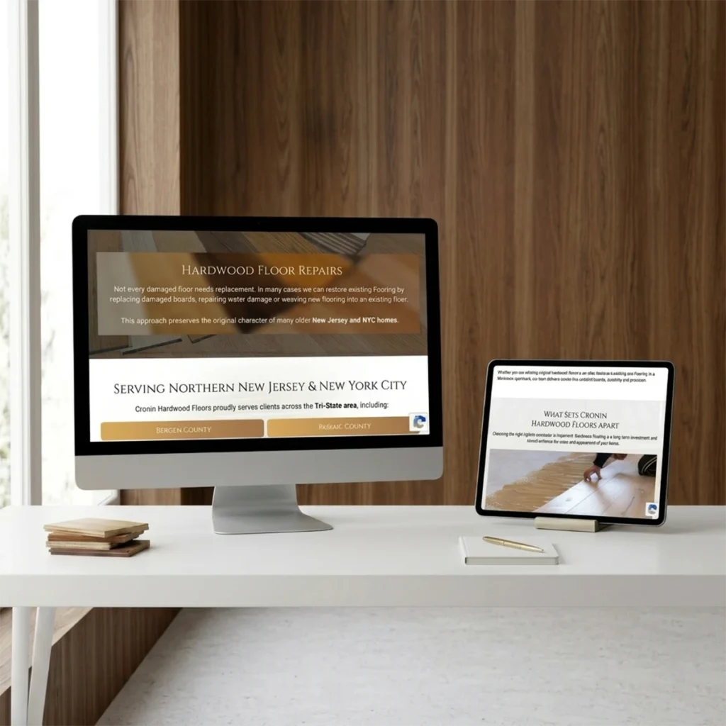 Desktop computer and tablet on a white desk, displaying a hardwood floor repair website against a wood-paneled wall.