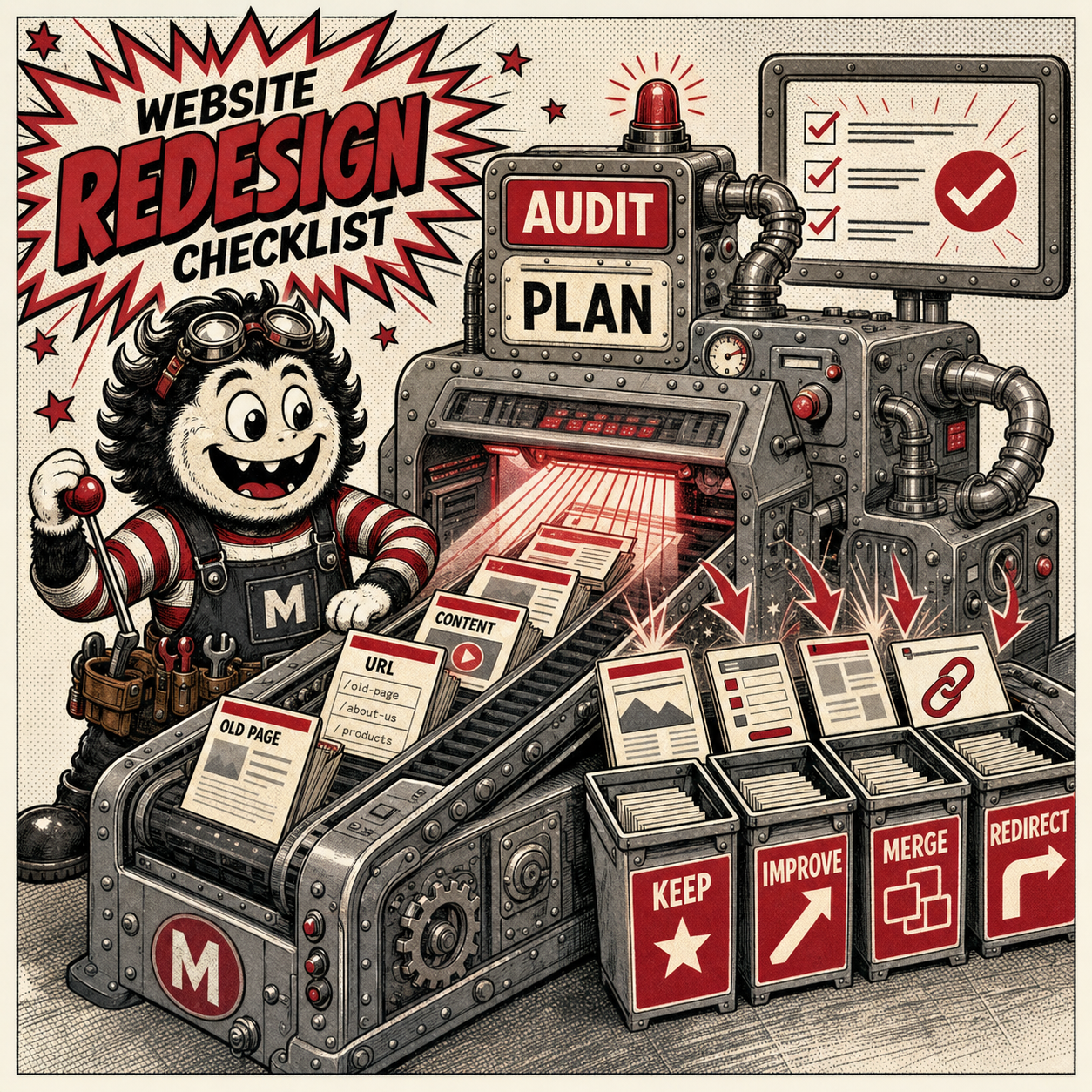 Motion Monsters mascot sorting website pages through an audit and planning machine for a redesign checklist