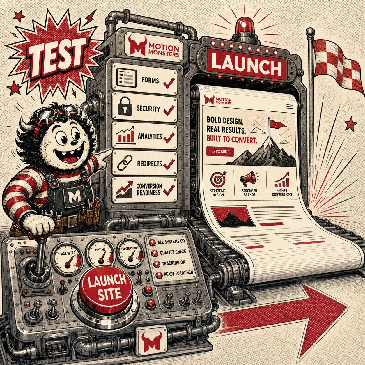 Motion Monsters mascot testing forms security analytics and launch readiness before a redesigned website goes live
