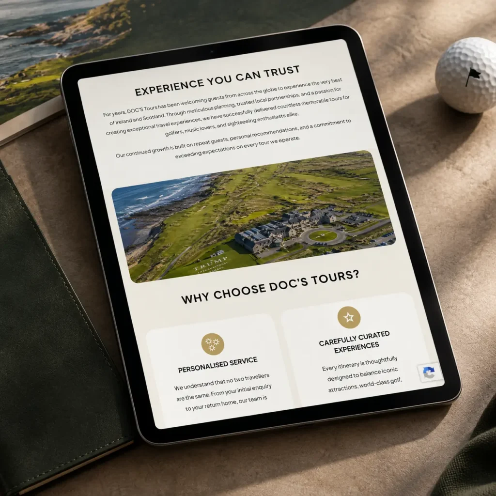 Tablet showing a tour company's webpage with an aerial view of a coastal golf course and resort, title 'Experience You Can Trust' and 'Why Choose Doc's Tours'.